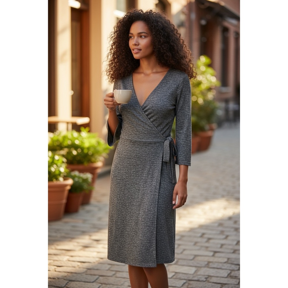 Gilli Women's Small Gray Heathered Knit‎ Wrap Midi Dress 3/4 Sleeve Tie Waist